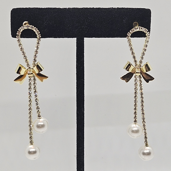 Gold Bow Pearl Dangle Earrings - Picture 7 of 14